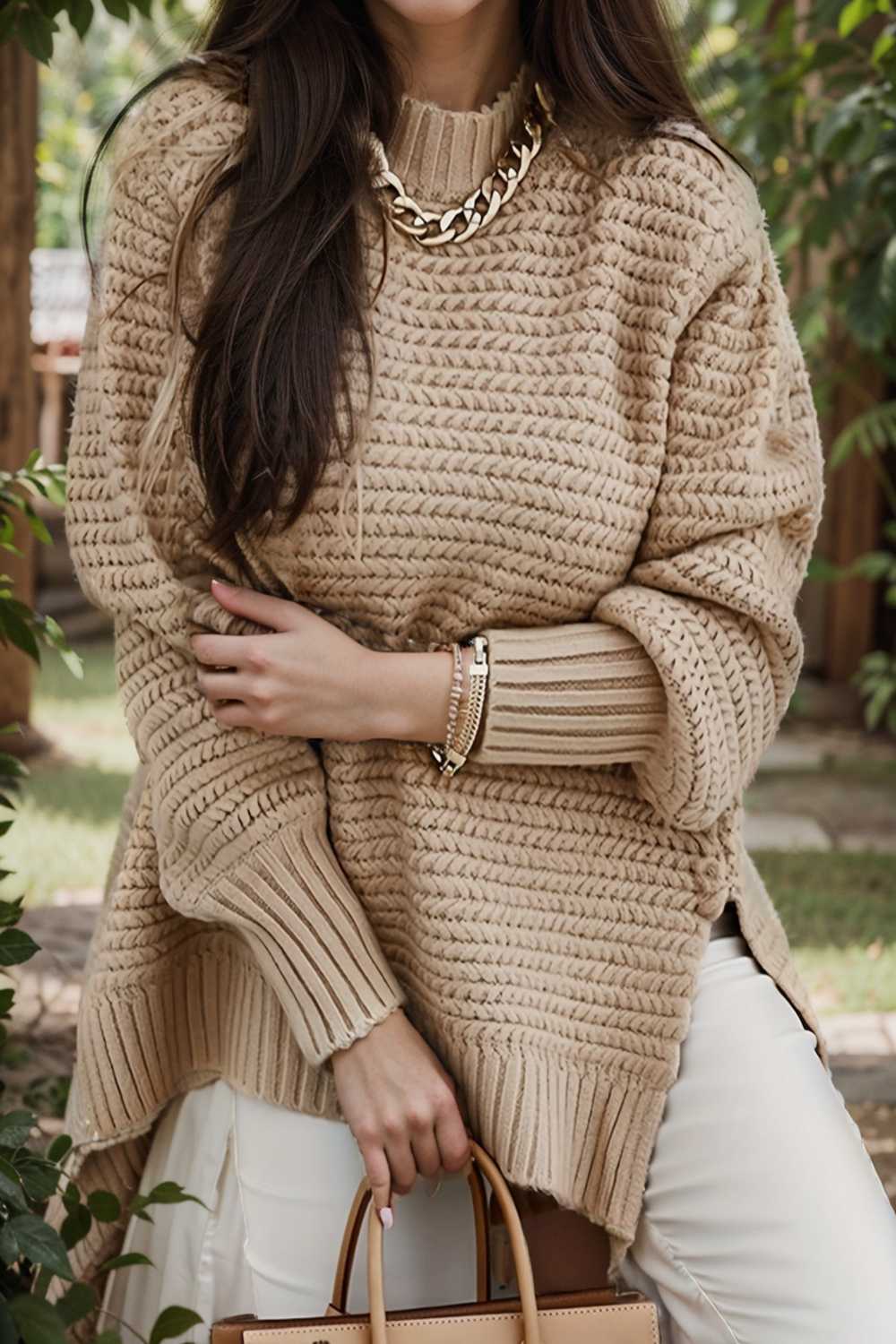 casual chunky knit mock neck long sleeve split pullover sweater 107238