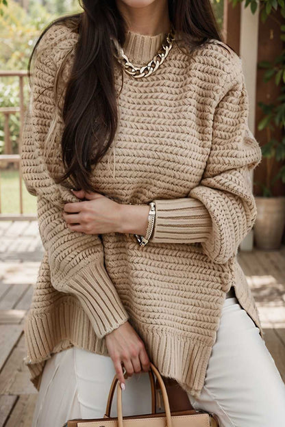 casual chunky knit mock neck long sleeve split pullover sweater 108769