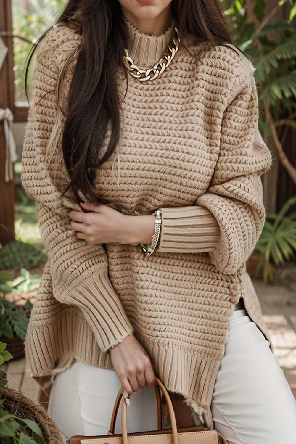 casual chunky knit mock neck long sleeve split pullover sweater 107258