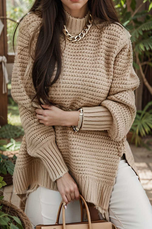 casual chunky knit mock neck long sleeve split pullover sweater 107258