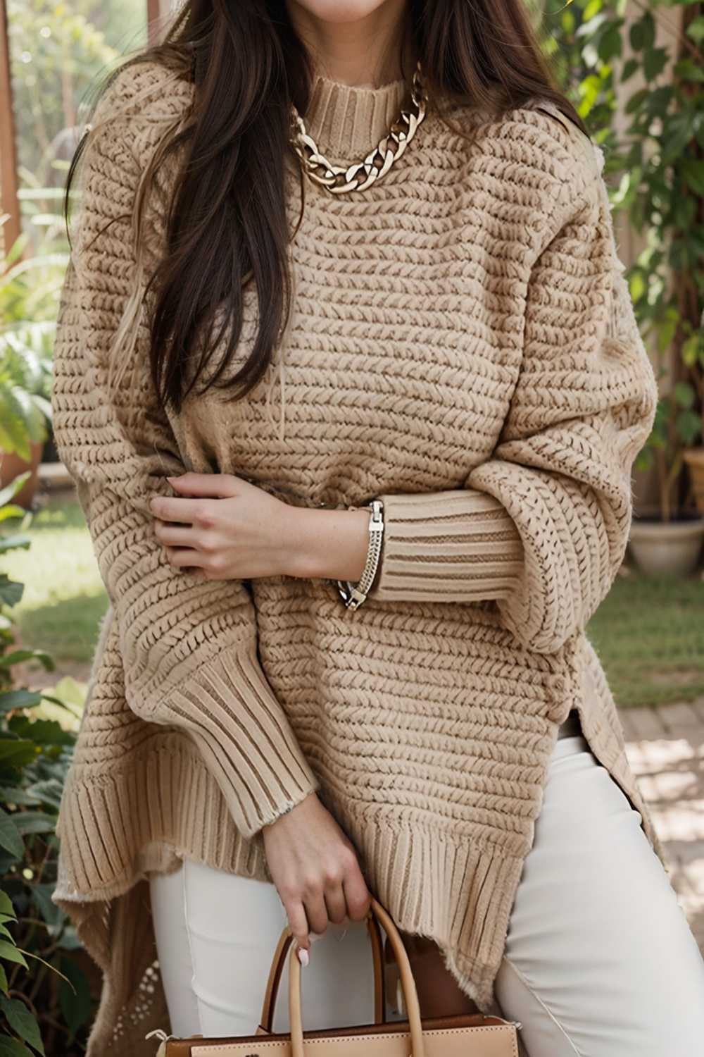 casual chunky knit mock neck long sleeve split pullover sweater 109081