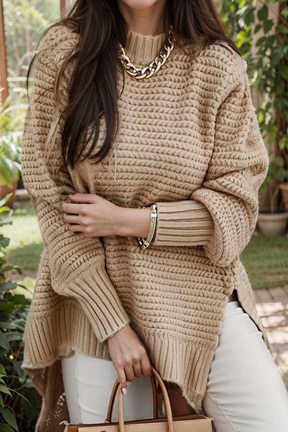 casual chunky knit mock neck long sleeve split pullover sweater 109081