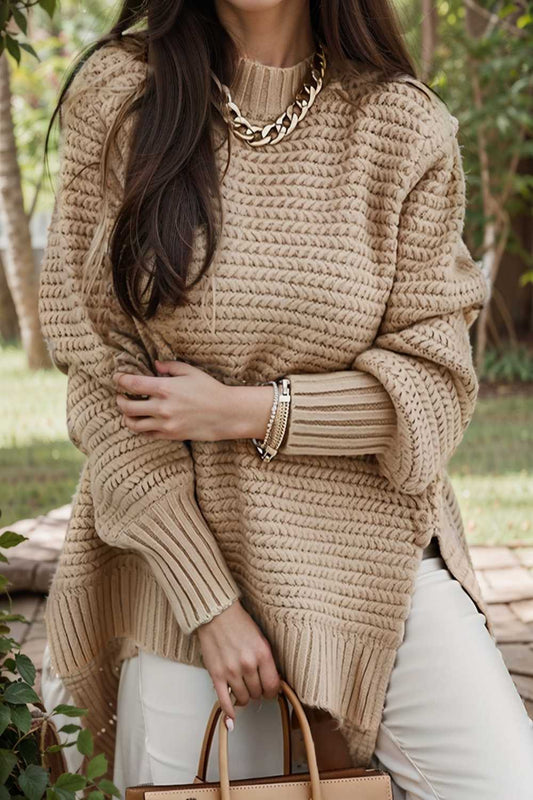 casual chunky knit mock neck long sleeve split pullover sweater 112604