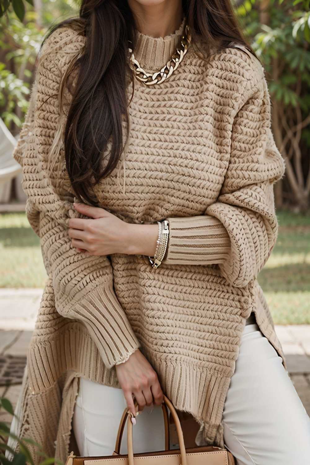 casual chunky knit mock neck long sleeve split pullover sweater 108768