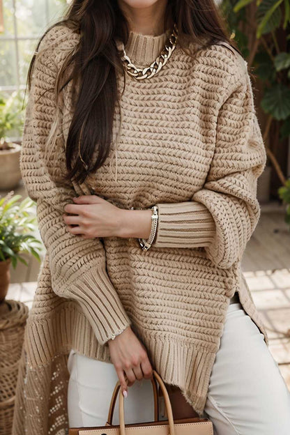 casual chunky knit mock neck long sleeve split pullover sweater 108767