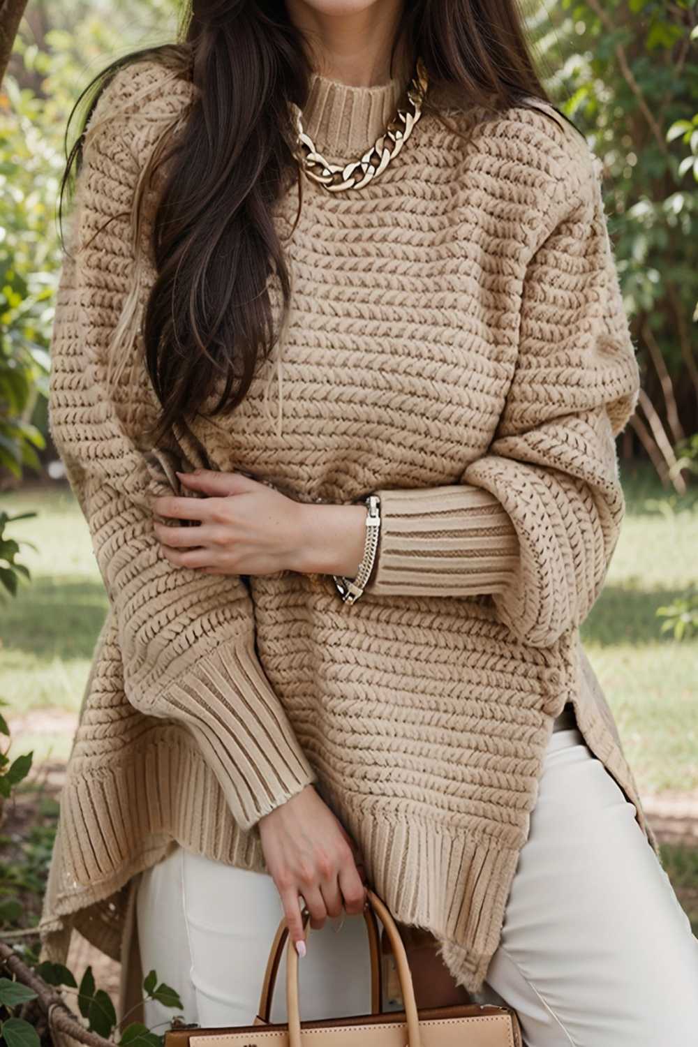 casual chunky knit mock neck long sleeve split pullover sweater 108766
