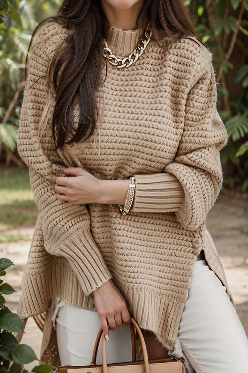 casual chunky knit mock neck long sleeve split pullover sweater 108765