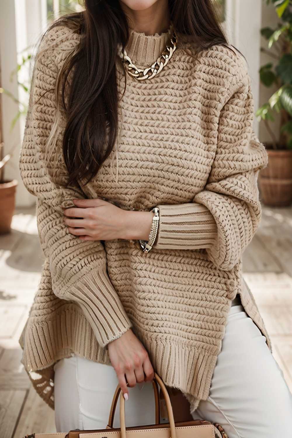 casual chunky knit mock neck long sleeve split pullover sweater 108764