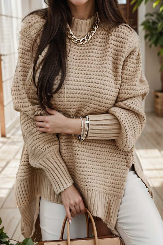 casual chunky knit mock neck long sleeve split pullover sweater 112597