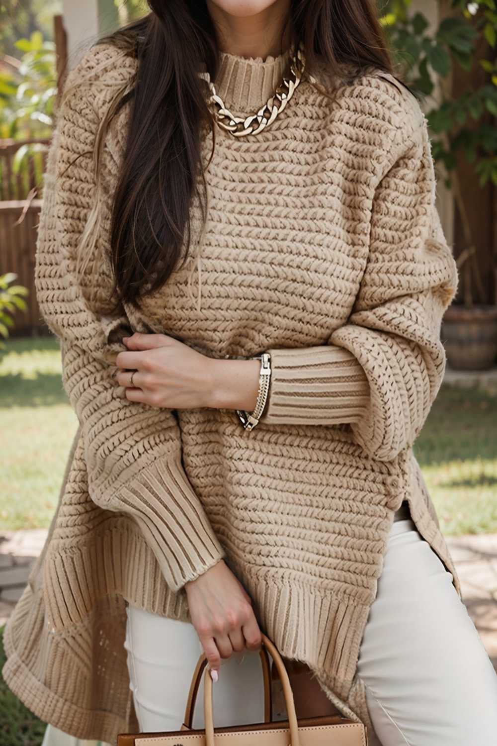 casual chunky knit mock neck long sleeve split pullover sweater 108763