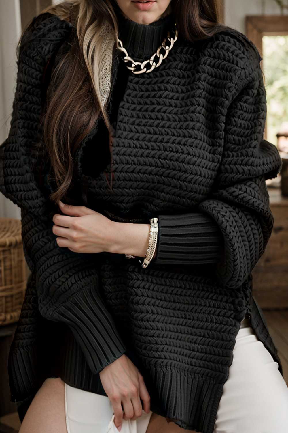 casual chunky knit mock neck long sleeve split pullover sweater 108762