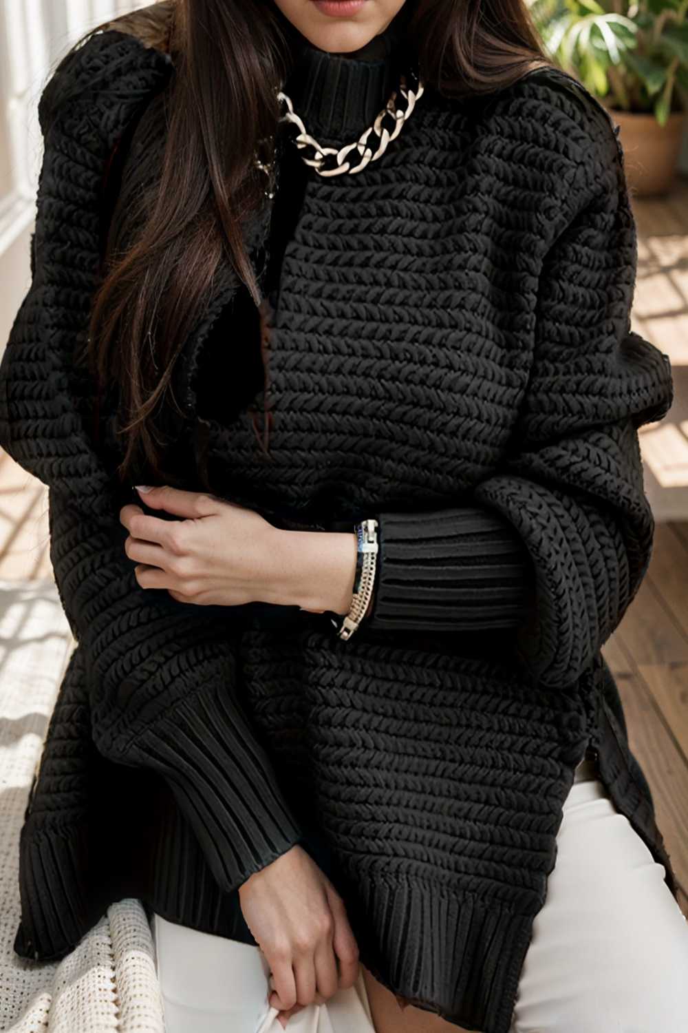 casual chunky knit mock neck long sleeve split pullover sweater 105603