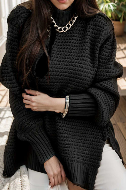 casual chunky knit mock neck long sleeve split pullover sweater 105603