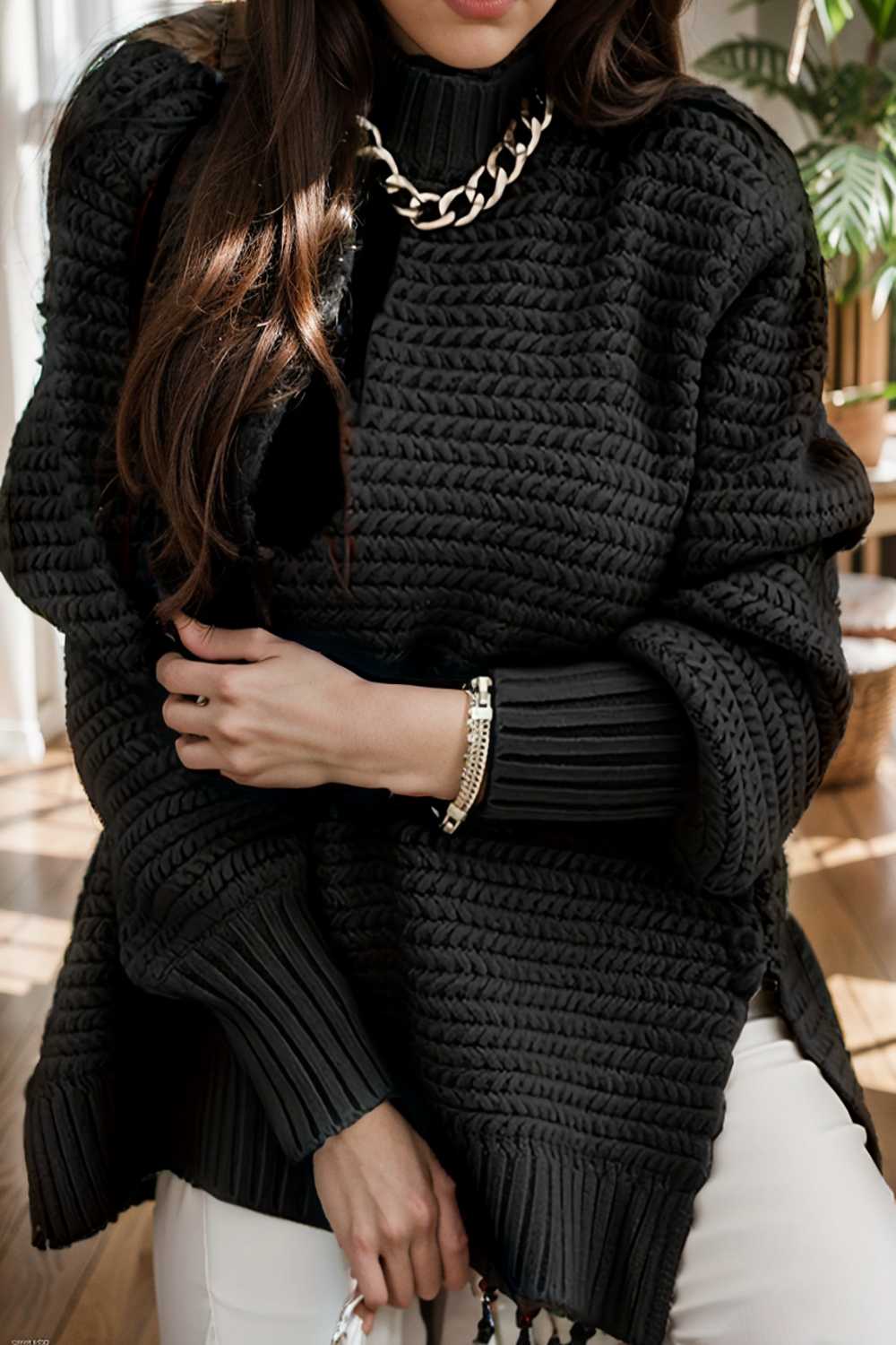 casual chunky knit mock neck long sleeve split pullover sweater 110066
