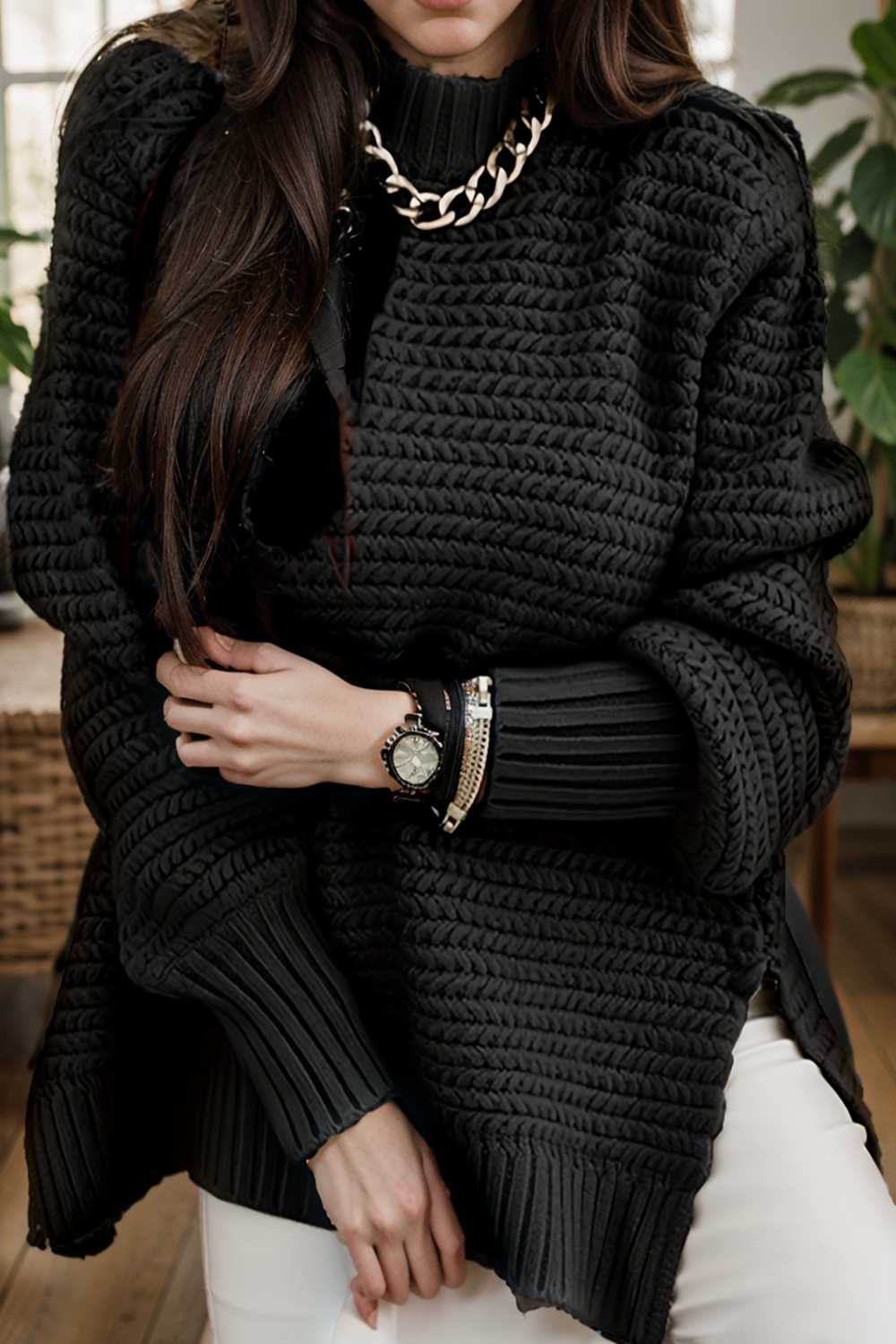 casual chunky knit mock neck long sleeve split pullover sweater 107237