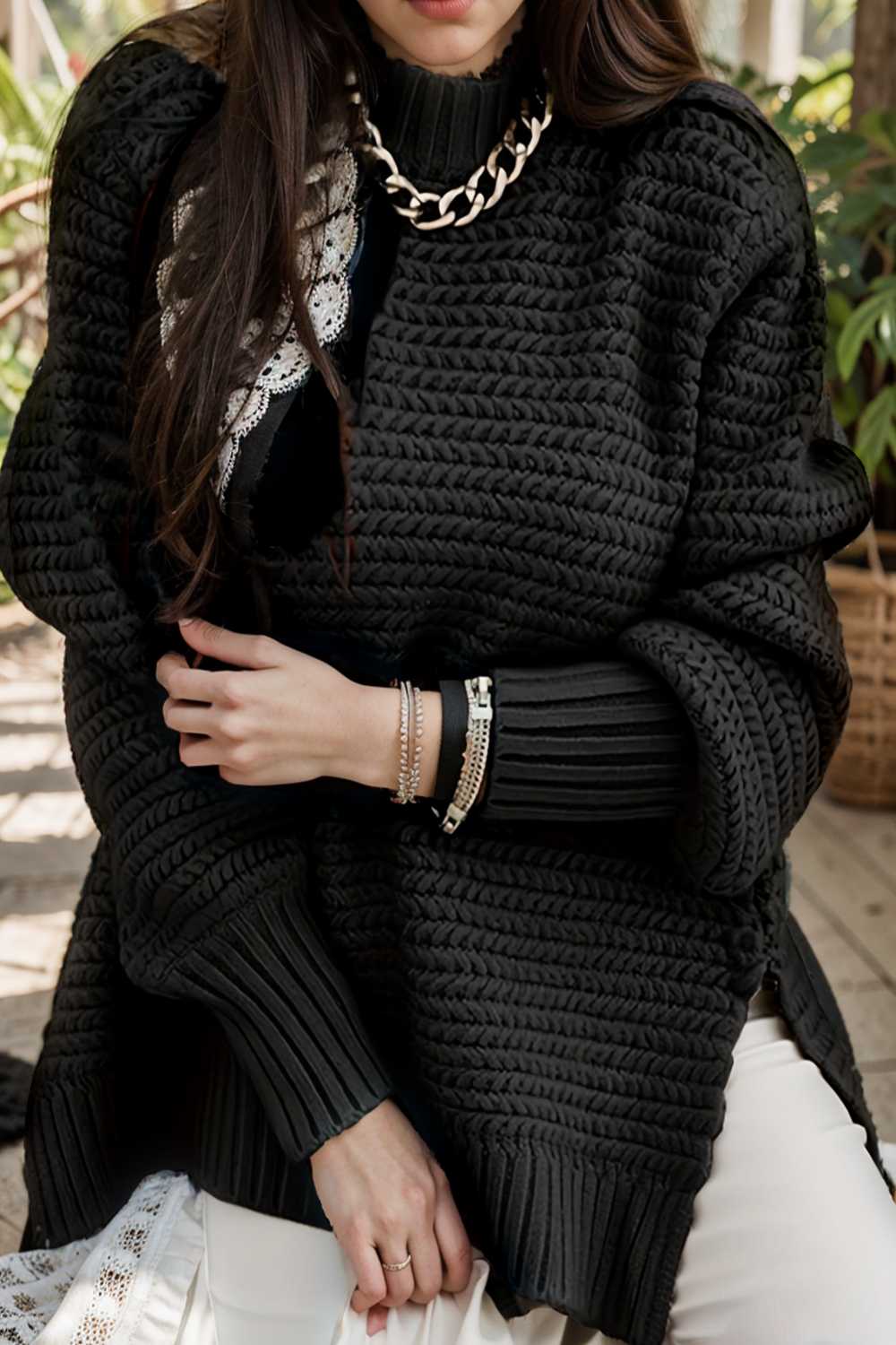 casual chunky knit mock neck long sleeve split pullover sweater 107961