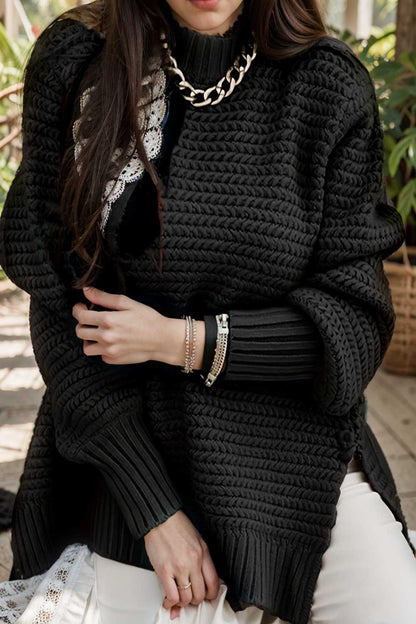 casual chunky knit mock neck long sleeve split pullover sweater 107961