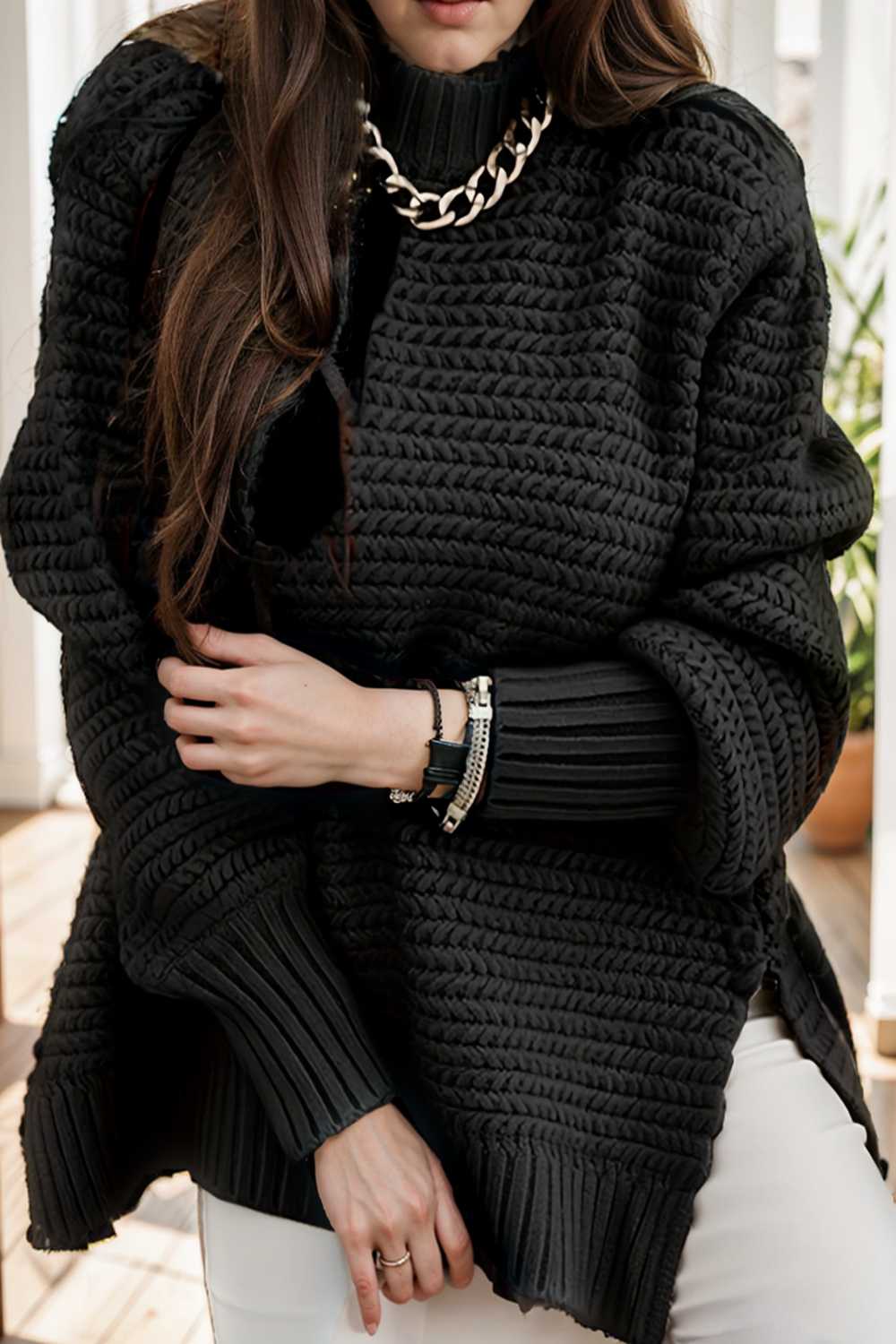 casual chunky knit mock neck long sleeve split pullover sweater 108761