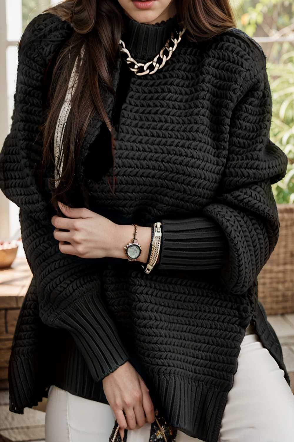 casual chunky knit mock neck long sleeve split pullover sweater 107236