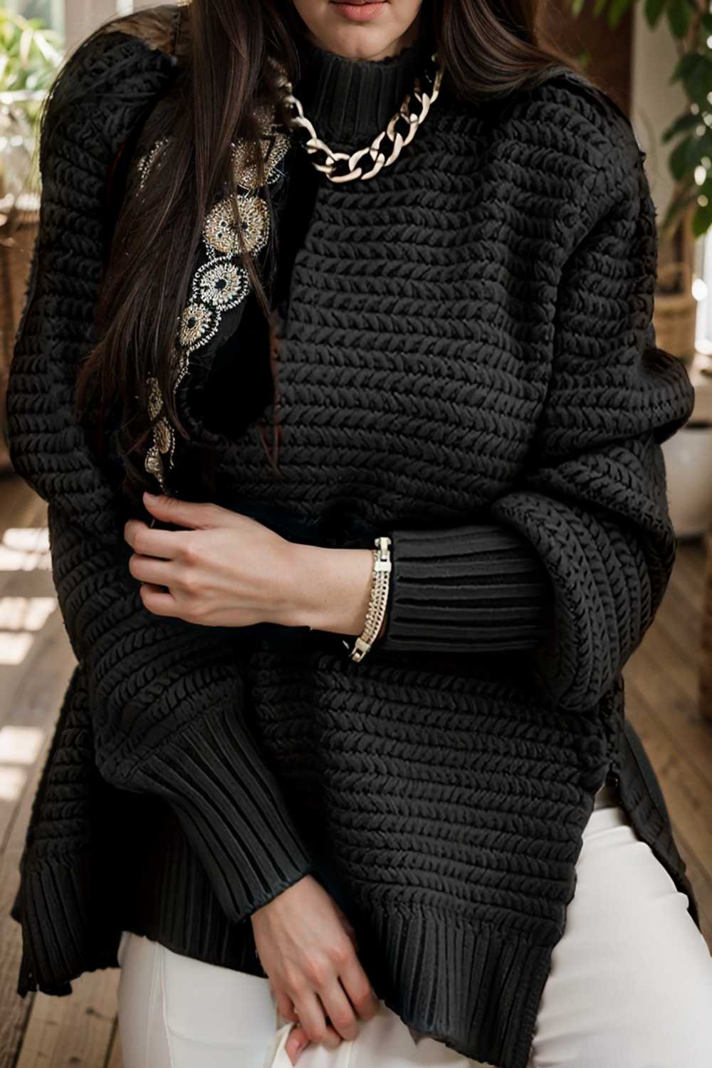 casual chunky knit mock neck long sleeve split pullover sweater 108760