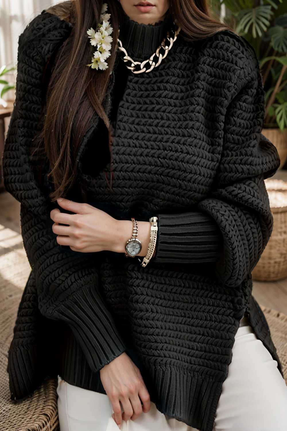 casual chunky knit mock neck long sleeve split pullover sweater 108759