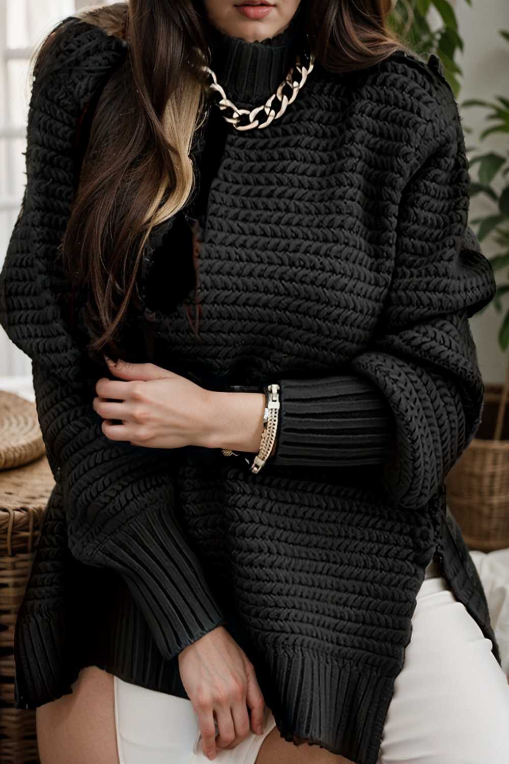 casual chunky knit mock neck long sleeve split pullover sweater 108758