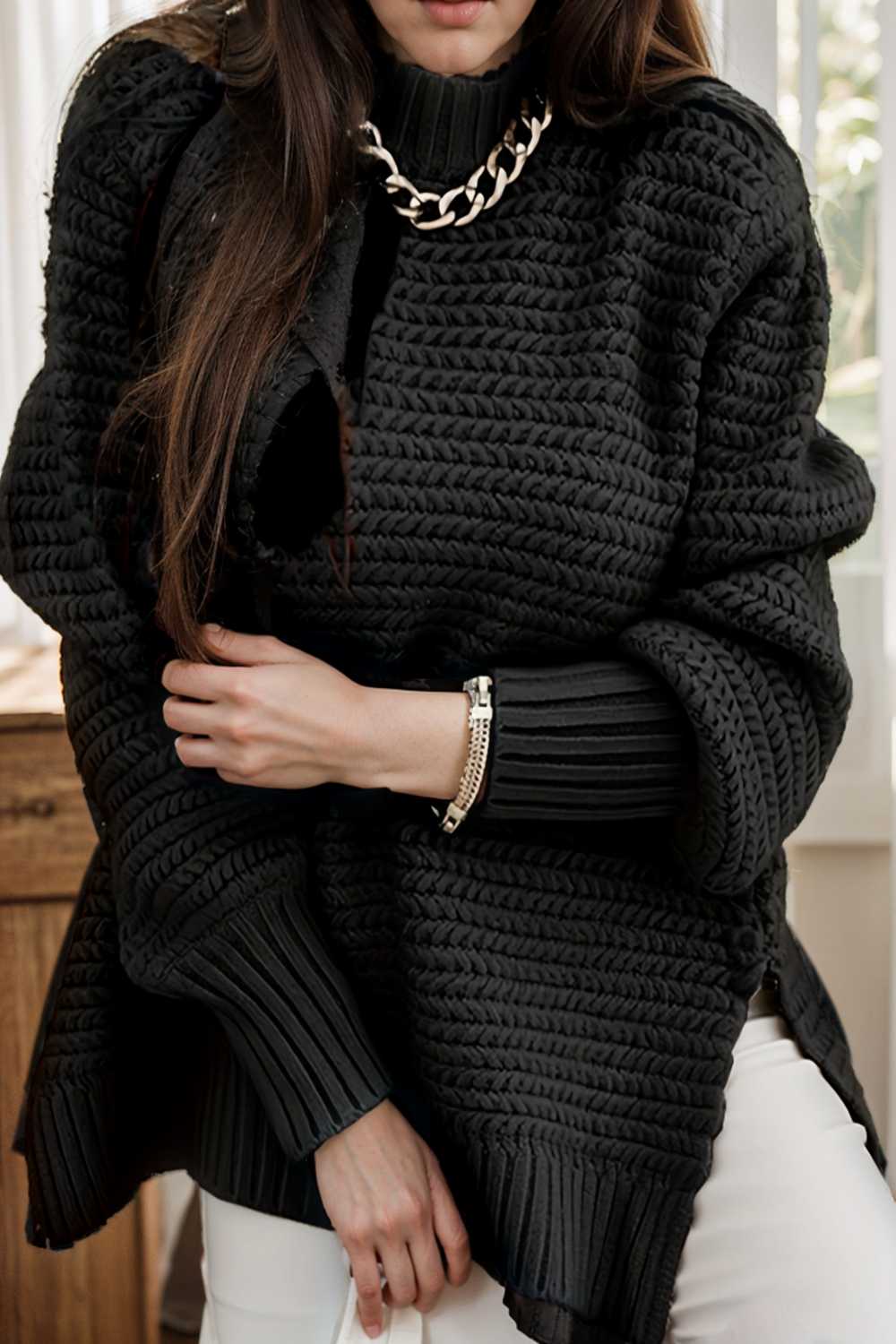 casual chunky knit mock neck long sleeve split pullover sweater 108757