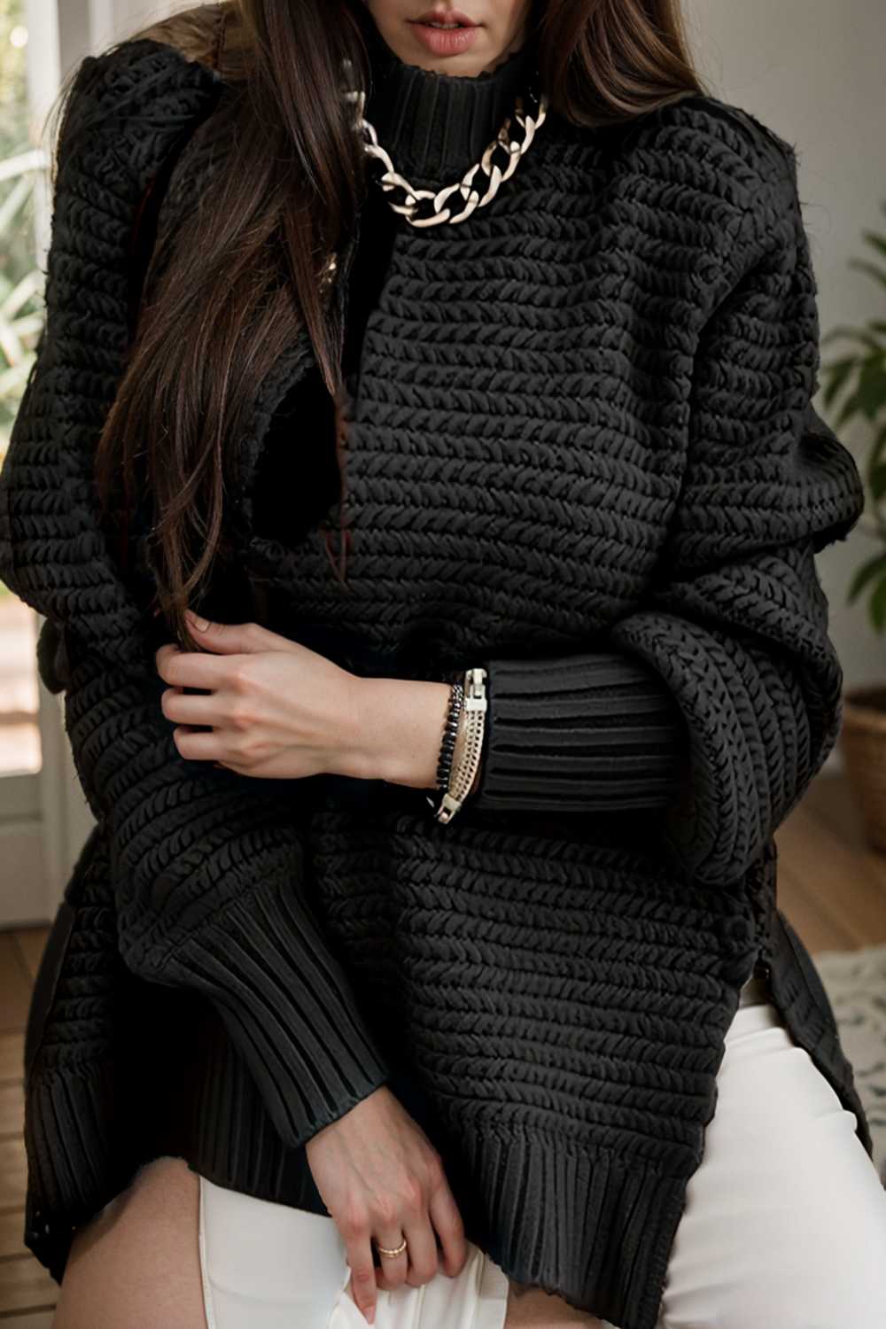 casual chunky knit mock neck long sleeve split pullover sweater 108756