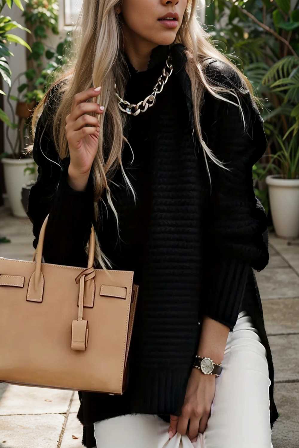 casual chunky knit mock neck long sleeve split pullover sweater 107692