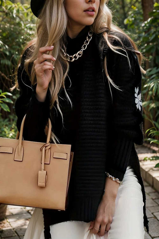 casual chunky knit mock neck long sleeve split pullover sweater 107313