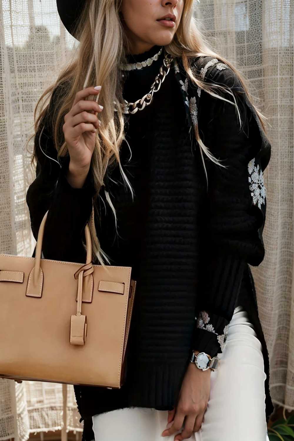 casual chunky knit mock neck long sleeve split pullover sweater 108755