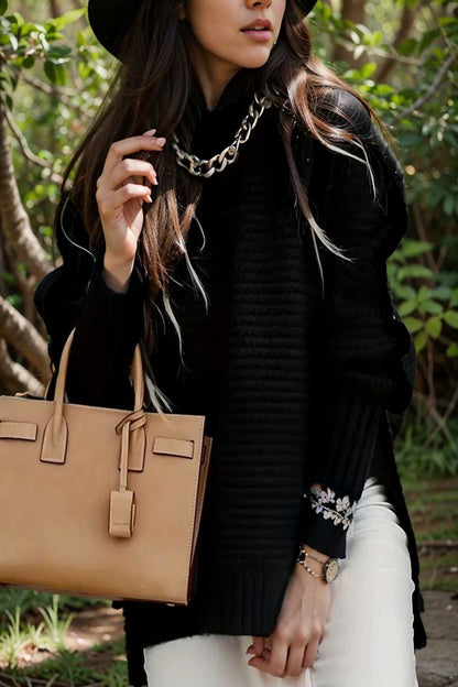 casual chunky knit mock neck long sleeve split pullover sweater 108998