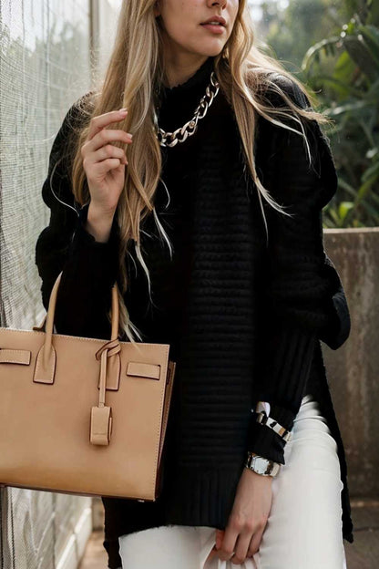 casual chunky knit mock neck long sleeve split pullover sweater 108754
