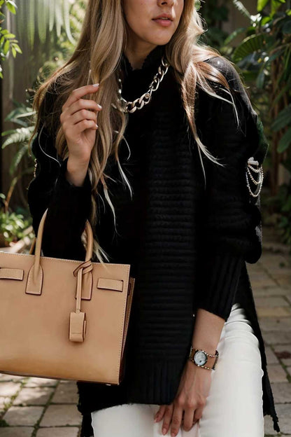 casual chunky knit mock neck long sleeve split pullover sweater 108753