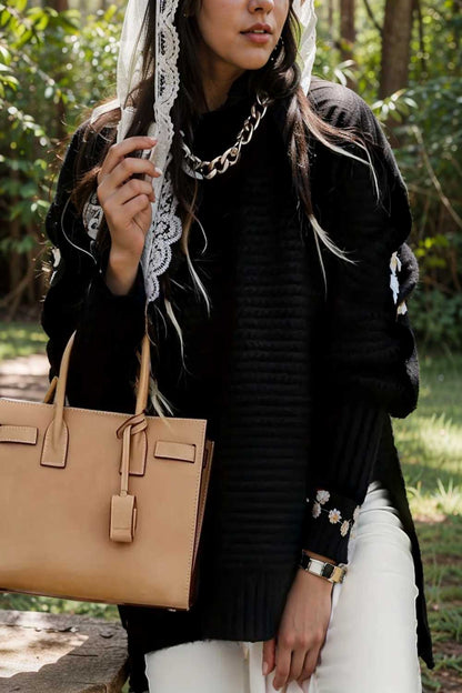 casual chunky knit mock neck long sleeve split pullover sweater 108751