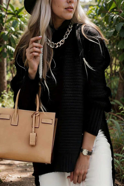 casual chunky knit mock neck long sleeve split pullover sweater 108750