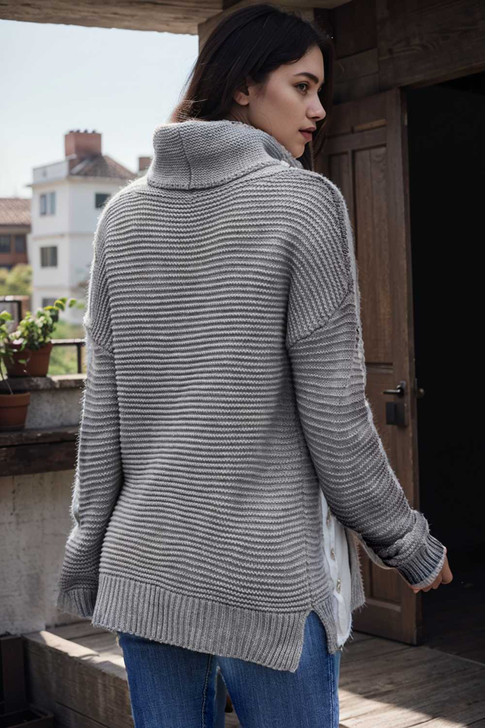 casual chunky knit mock neck long sleeve split pullover sweater 107233
