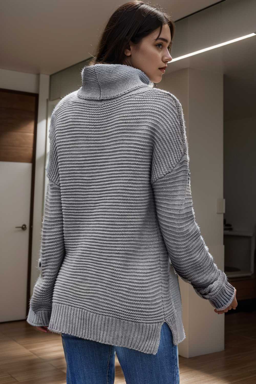 casual chunky knit mock neck long sleeve split pullover sweater 107691