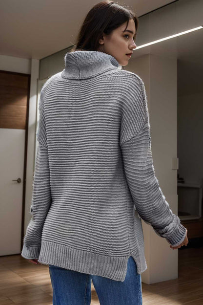 casual chunky knit mock neck long sleeve split pullover sweater 107691