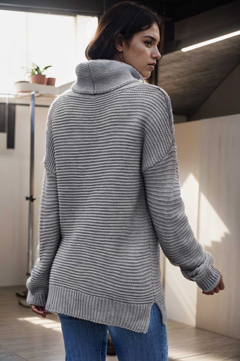 casual chunky knit mock neck long sleeve split pullover sweater 108748