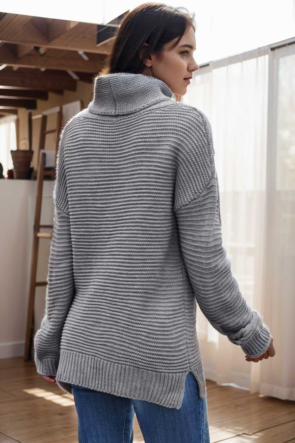 casual chunky knit mock neck long sleeve split pullover sweater 107690
