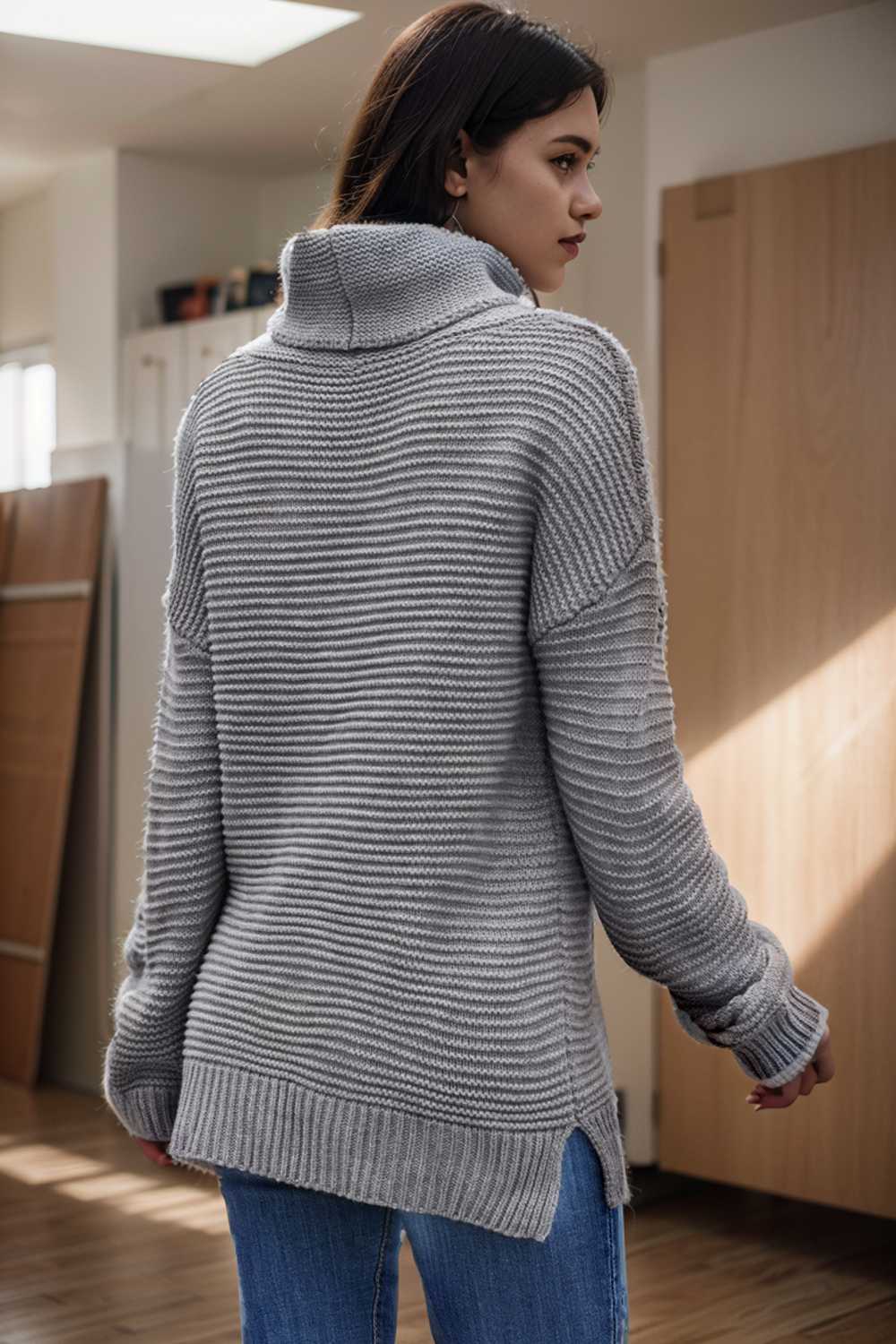 casual chunky knit mock neck long sleeve split pullover sweater 107232