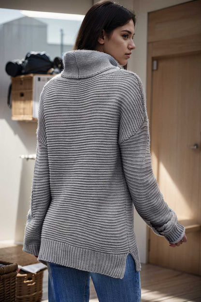 casual chunky knit mock neck long sleeve split pullover sweater 108747