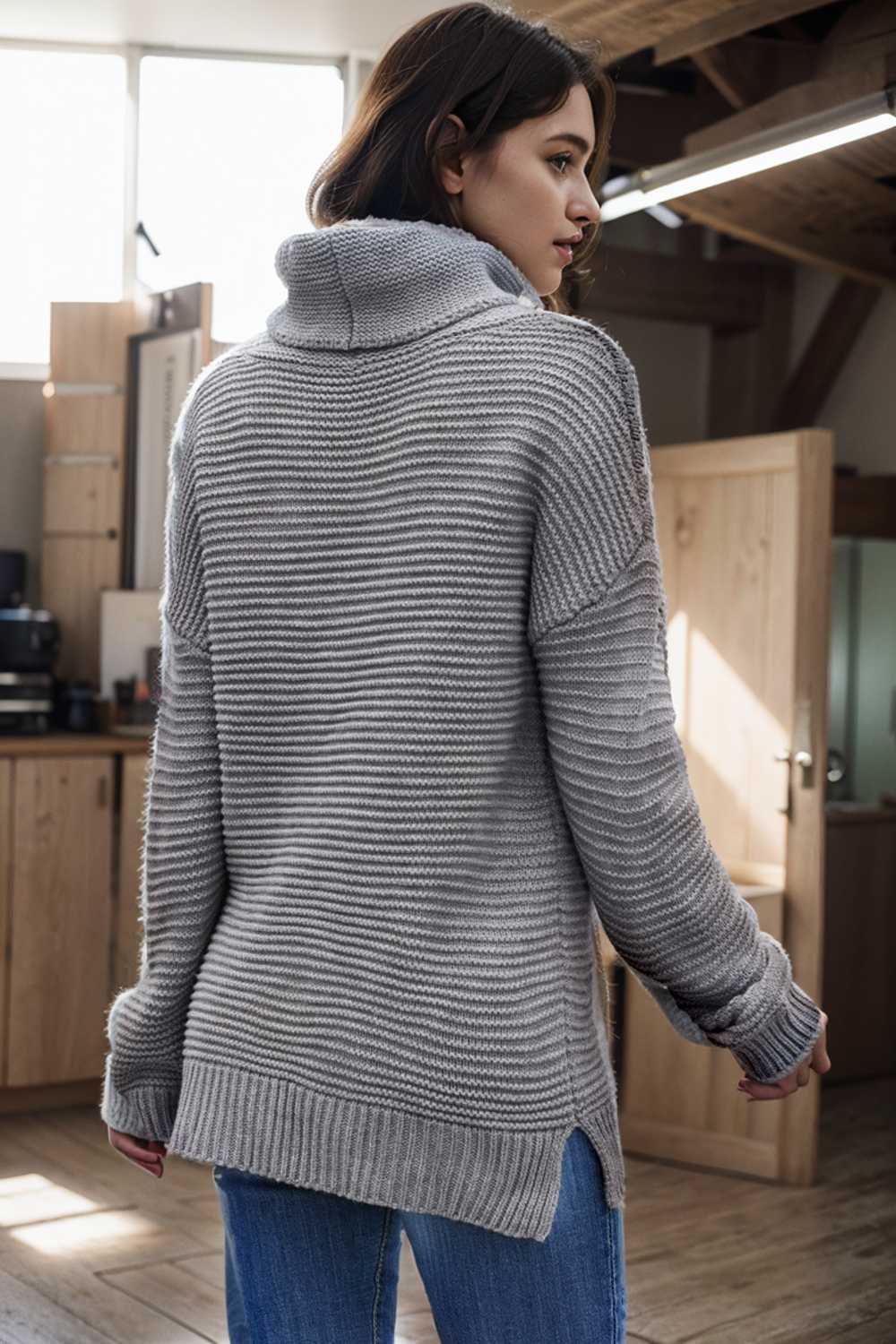 casual chunky knit mock neck long sleeve split pullover sweater 107231