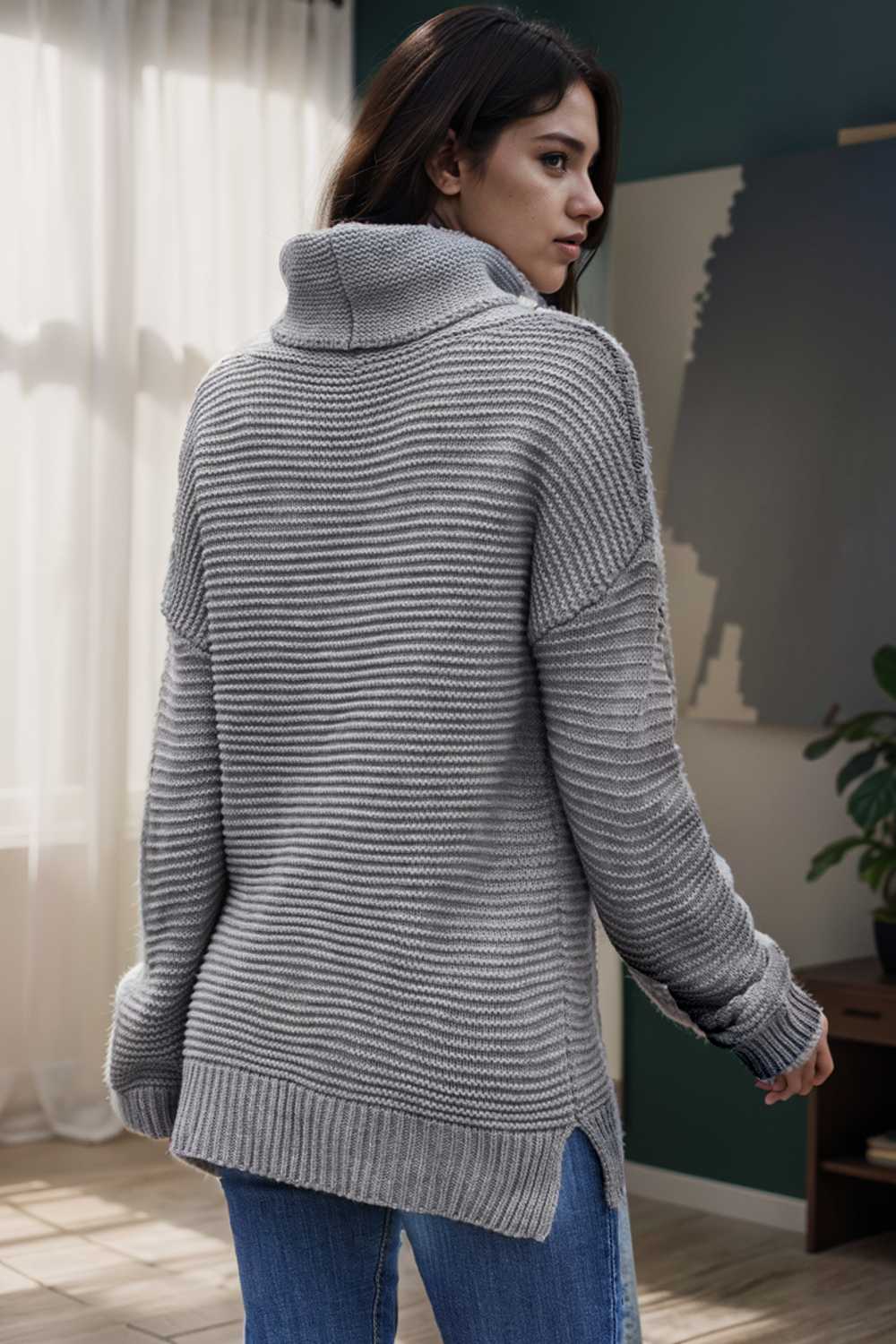 casual chunky knit mock neck long sleeve split pullover sweater 108746