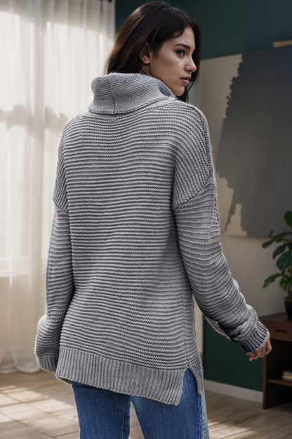 casual chunky knit mock neck long sleeve split pullover sweater 108746