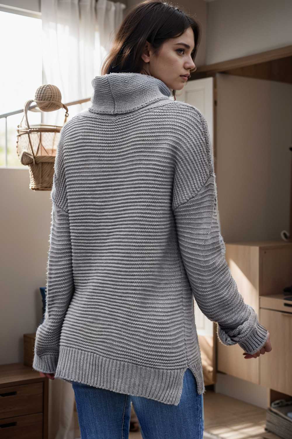 casual chunky knit mock neck long sleeve split pullover sweater 108745