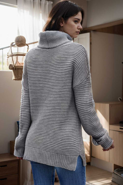 casual chunky knit mock neck long sleeve split pullover sweater 108745