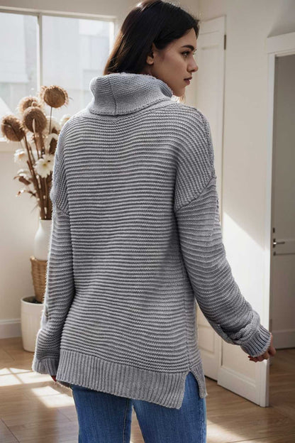 casual chunky knit mock neck long sleeve split pullover sweater 107230