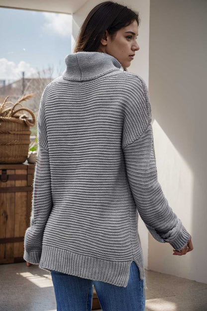 casual chunky knit mock neck long sleeve split pullover sweater 108744